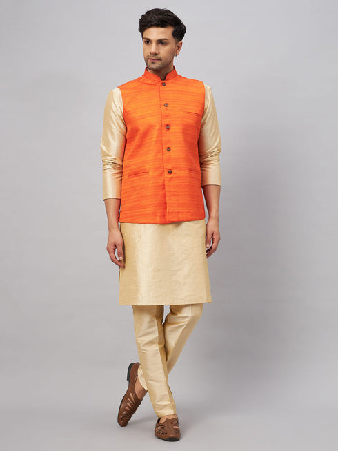 Vastramay Men's Orange Matka Silk Nehru Jacket With Gold Silk Blend Kurta and Pant style Pyjama Set